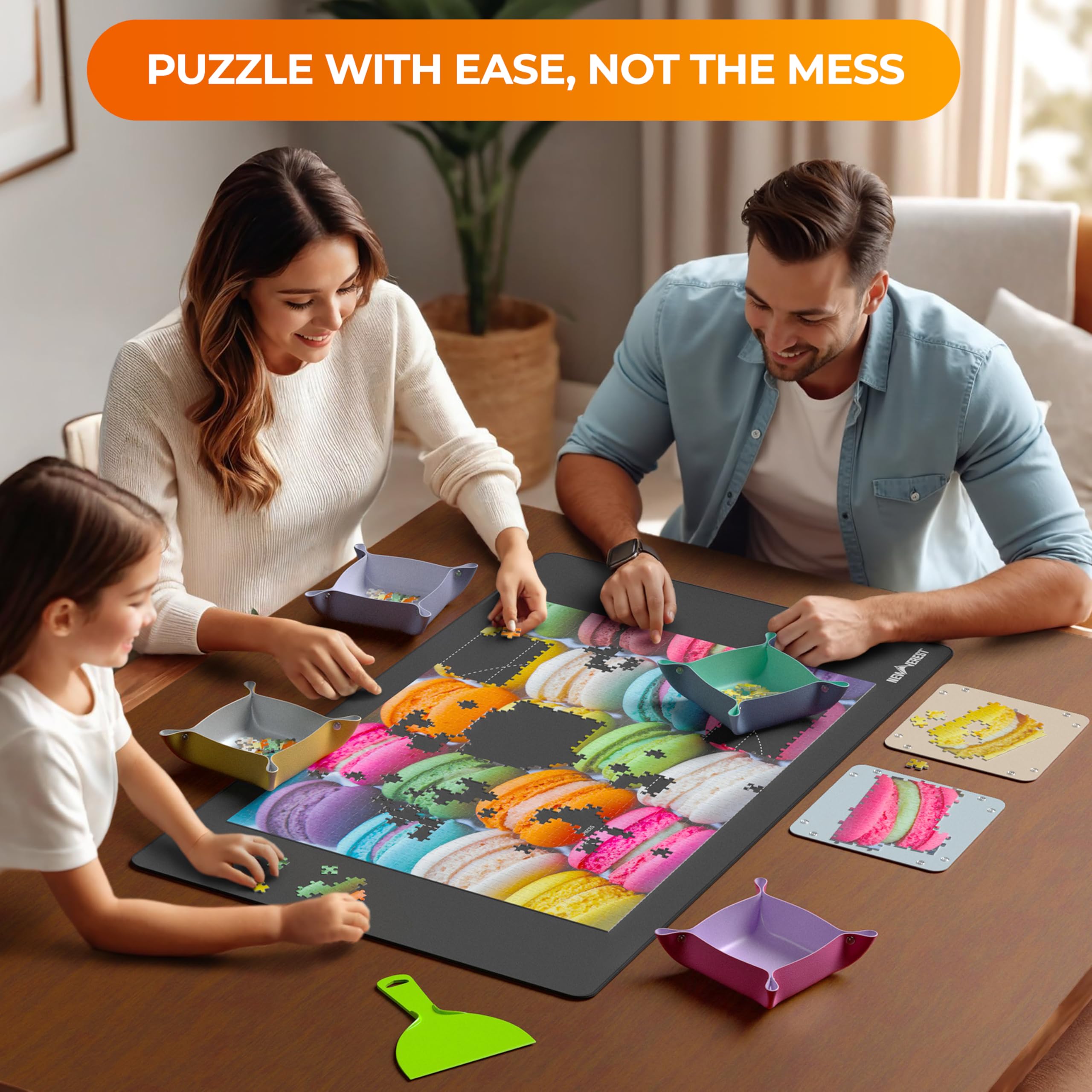 Newverest All-You-Need Puzzle Set: 8 Puzzle Sorting Trays for up to 2000 Pieces, 6 Glue Sheets, 1 Large Scraper & 2 Adhesive Hangers in Gift-Ready Packaging – Must-Have Saver Kit for Puzzle Lovers