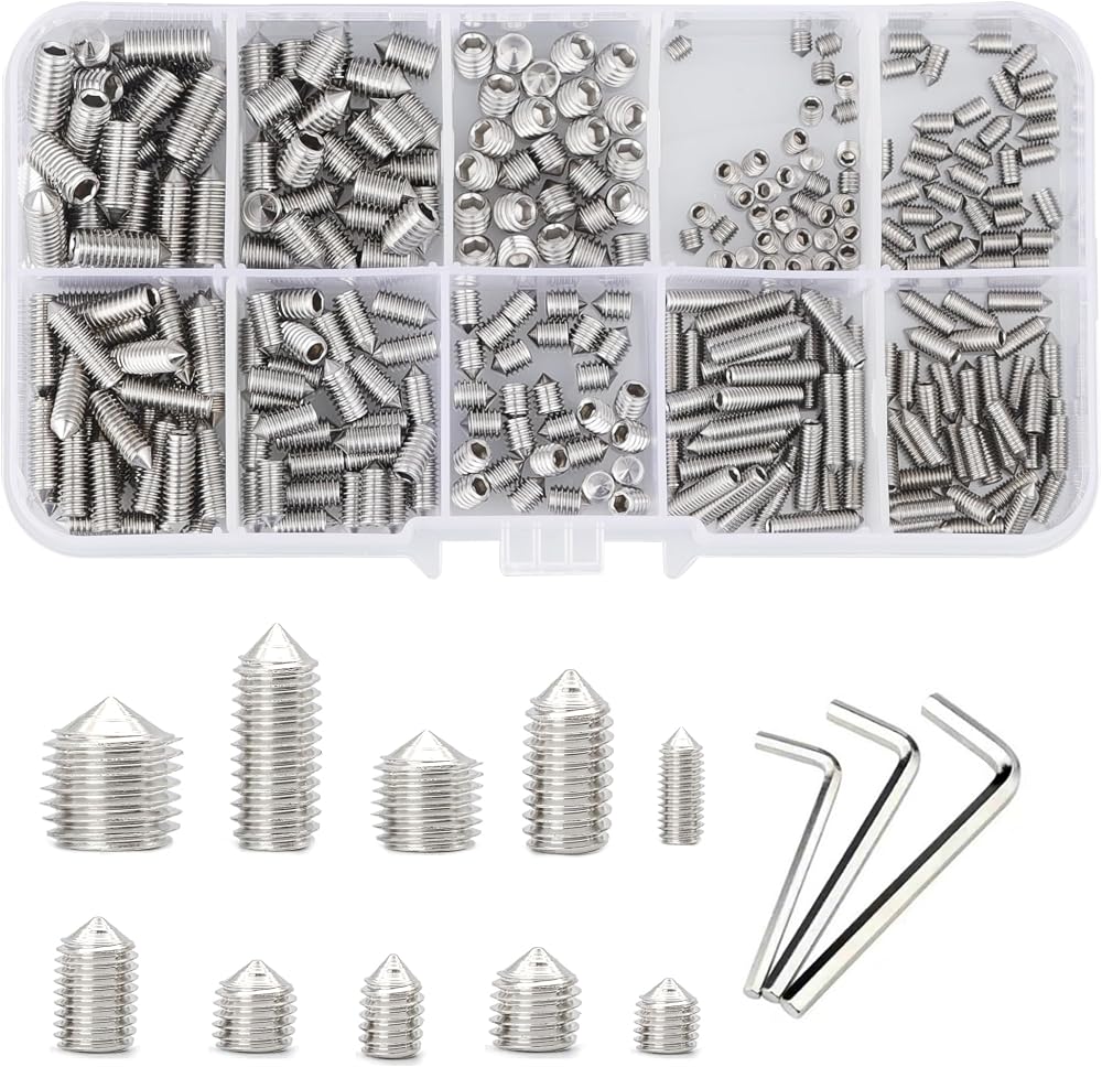 YSDMY 305Pcs Grub Screws Set M3/M4/M5 Stainless Cone Point Hex Key Included