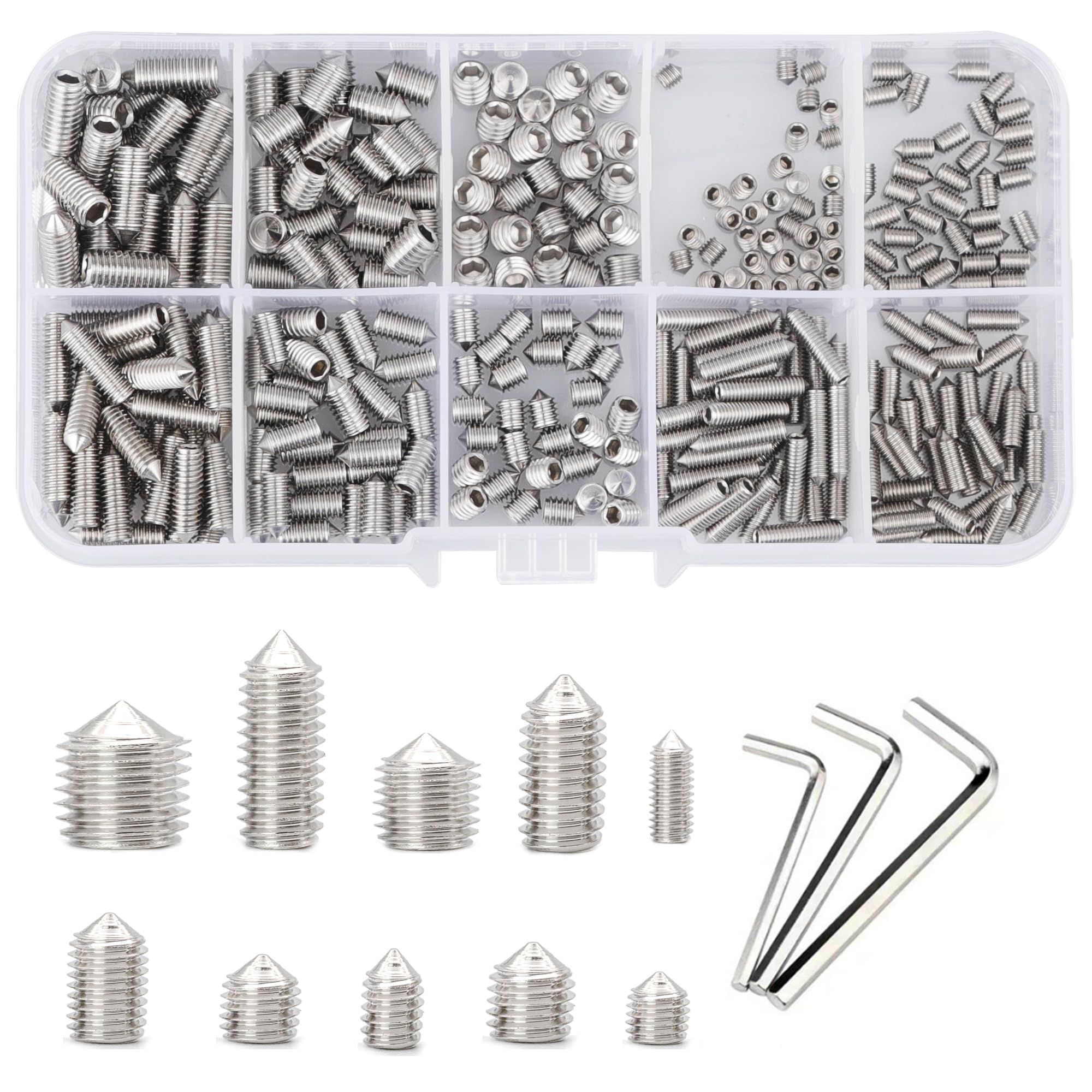 YSDMY 308 Pcs Grub Screw Mixed,M3/M4/M5 Grub Screws Assorted,Stainless Steel Cone Point Grub Screws with Allen Key for Door Handles