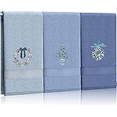 Hillsuren 3 Pcs Christmas Hand Towels Blue Chinoiserie Ornaments Embroidered Blue Decorative Bathroom Towels for Bathroom Kitchen Winter Set, 100% Cotton, 13.3 x 29.5''