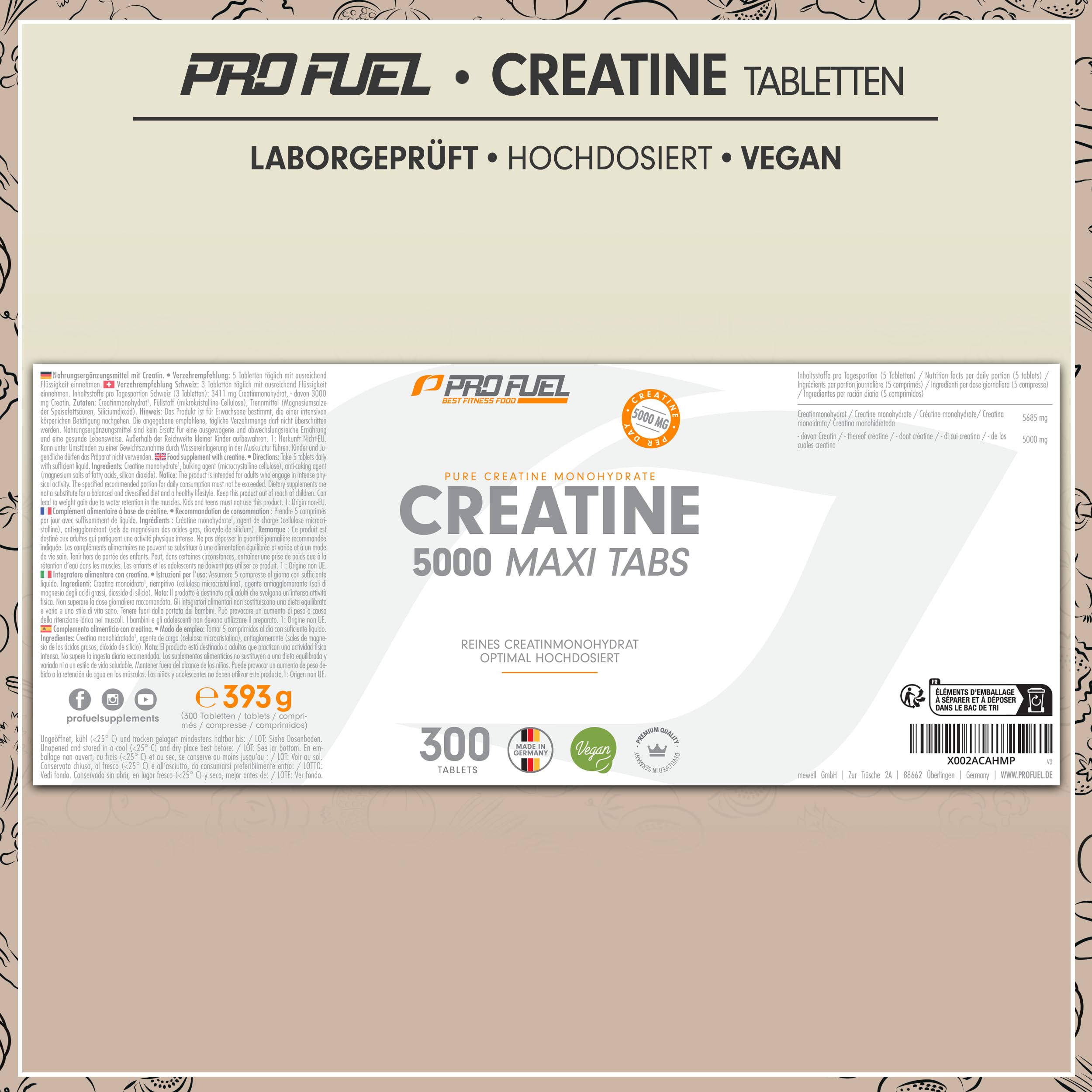 Creatin Tabletten 300x - optimal hochdosiert mit 5685 mg Creatin-Monohydrat, davon 5000 mg Creatin - vegane Kreatin-Tabletten - laborgeprüft mit Zertifikat - Vorrat für 60 Tage 6