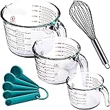 Set of 3 Glass Measuring Cups with Measuring Spoons & Whisk - Kitchen Mixing Bowl Liquid Measure Cup, Glass Tupperware Bakewa
