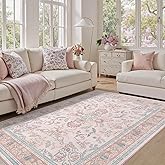 DCX Area Rug 4x6 Botanical Floral Washable Rugs in Pink and Blue Soft Non Slip Low Pile Stain Resistant Carpet for High-Traffic Areas Bedroom Kitchen Entryway