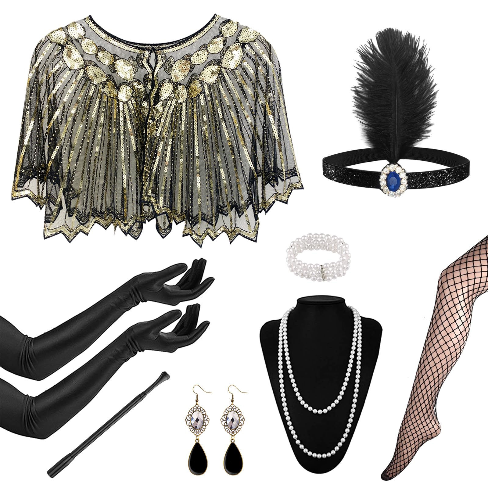 1920s Flapper Great Gatsby Accessories Set,Roaring 20's Theme Set with Shawl Headband Long Gloves Necklace Earrings Handheld Prop,1920s Flapper Costume Vintage Accessories for Women Ladies (Style 1) — image 1