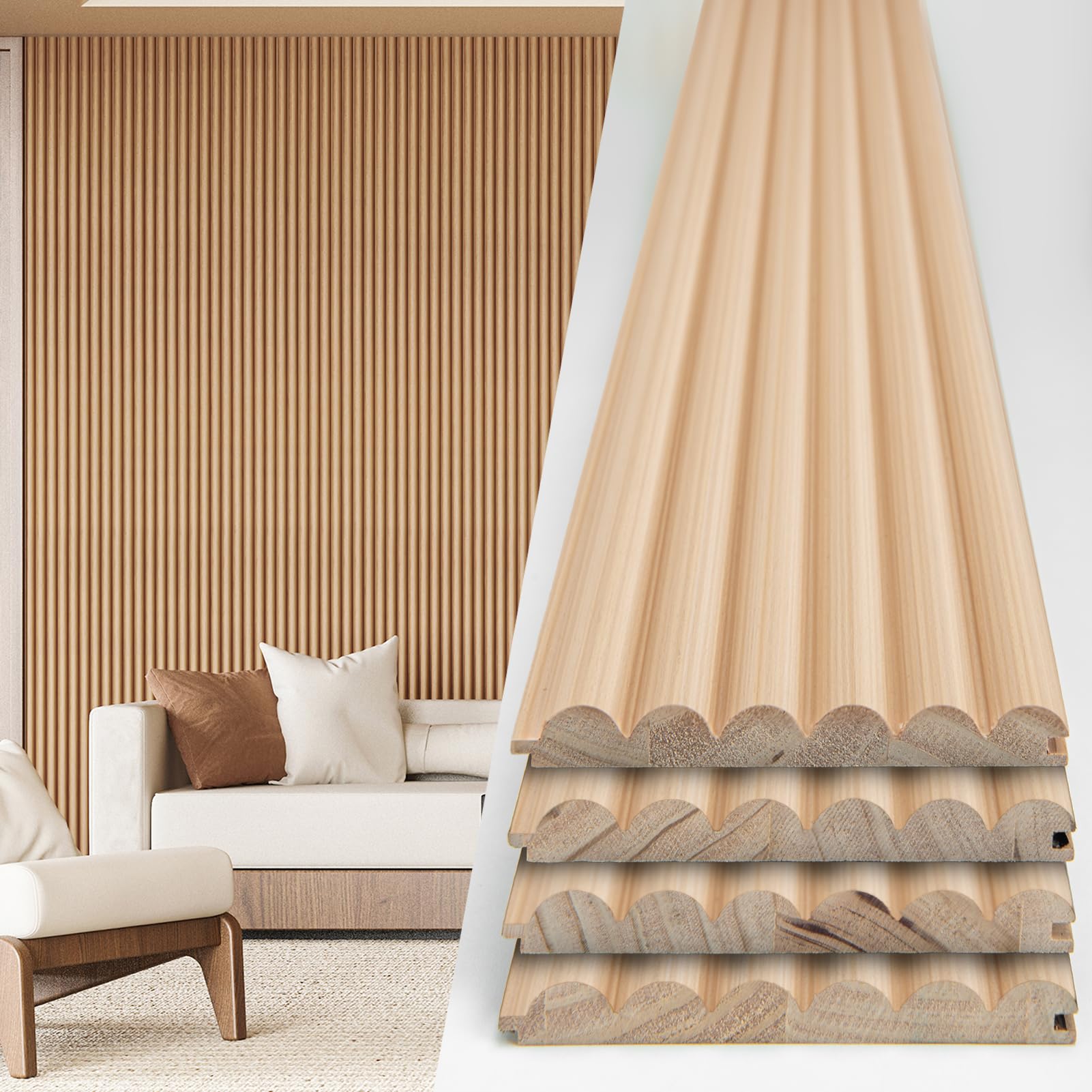 Photo 1 of Art3d Fluted Wood Panel - 108 x 5.7 x 0.7in for Wall & Ceiling, Beaded Accent Molding for Home Decoration, Pack of 4pcs + 1pc End-Trim, Beaded Oak