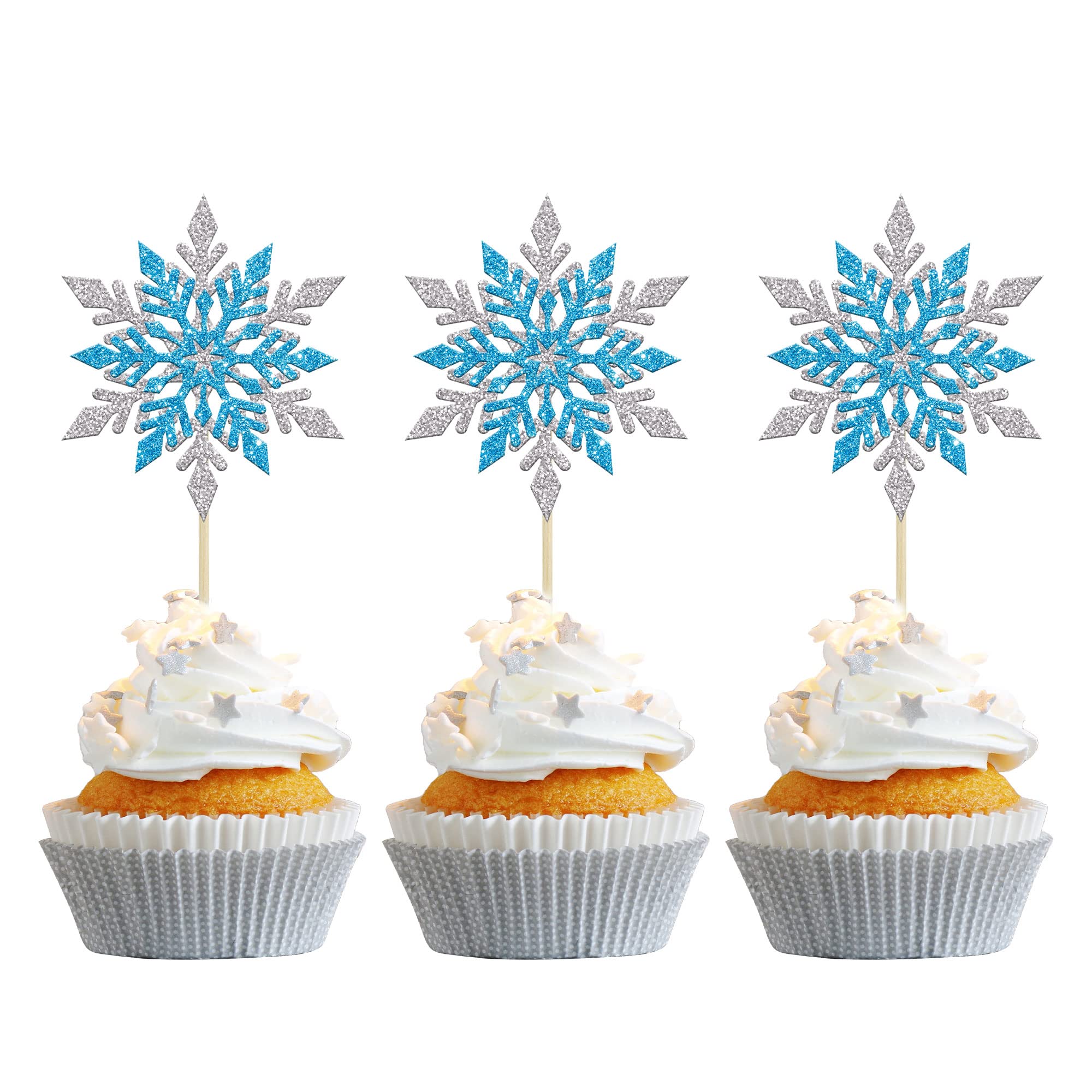 Gyufise 24Pcs Snowflake Cupcake Toppers Double Layers Silver Blue Winter Theme Cupcake Picks Baby Shower Kids Birthday Party Christmas Cake Decorations Supplies