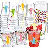 Jingmore 25 Pack Easter Bunny Plastic Cups with Lids and Paper Straws, 12 oz Colorful Bunny Egg Disposable Cup Spring Beverage Drinking Cup for Easter Bunny Party Favors Supplies Baby Show Decorations