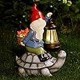 Gnome and Turtle Garden Decor, Large Outdoor Garden Sculptures & Statues, Outside Patio Yard Lawn Decorations, Housewarming for Women, Mom, Grandma with Solar Lantern