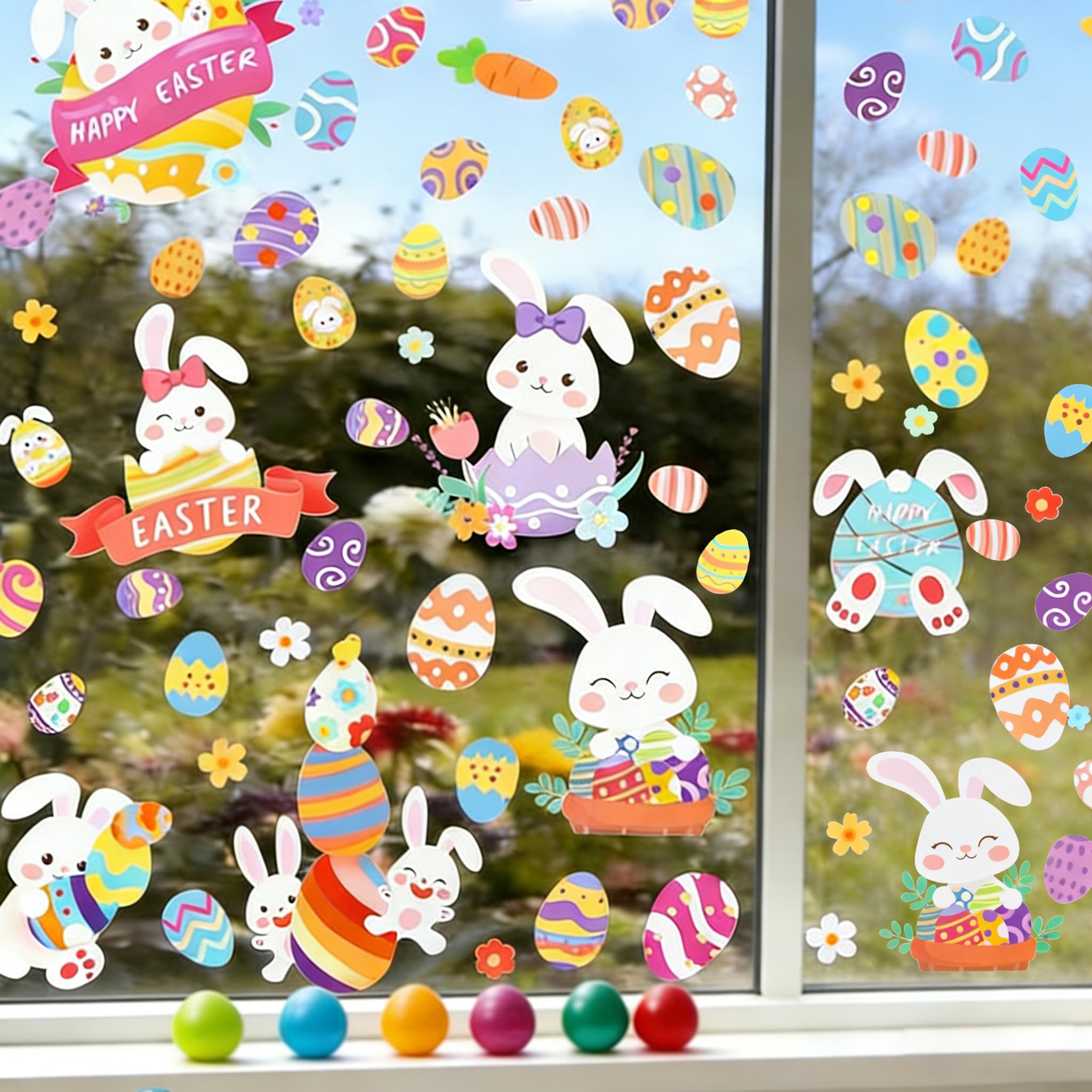 Easter Window Clings,9 Sheets Easter Bunny Egg Tree Chick Window Cling Multicolor Decorations for Glass Spring Window Clings Decal
