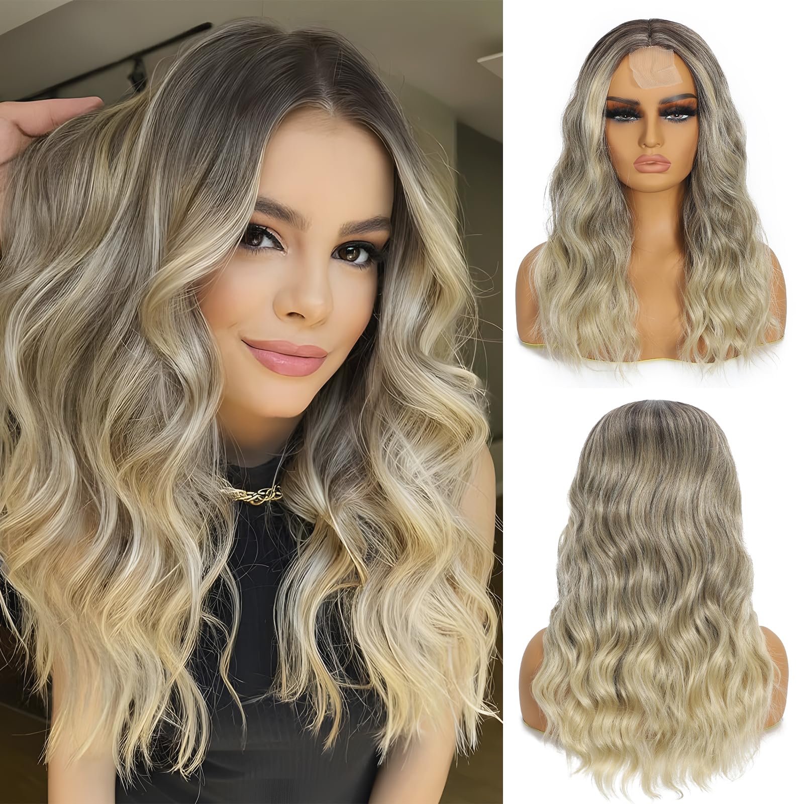 Photo 1 of 18 Inch Long Ombre Blonde Wig for Women | Middle Part Wavy Synthetic Hair | Heat Resistant & Natural Looking | Lightweight for Daily Use, Halloween, Cosplay