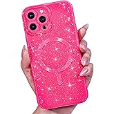 LoeoeL for iPhone 16 Pro Case Glitter Compatible with Magsafe, Girly Cute Sparkly Magnetic Mag Safe Pretty Phone Case for Women, Bedazzled Bling Sparkle Slim Bright Silicone Rubber Jelly, Hot Pink