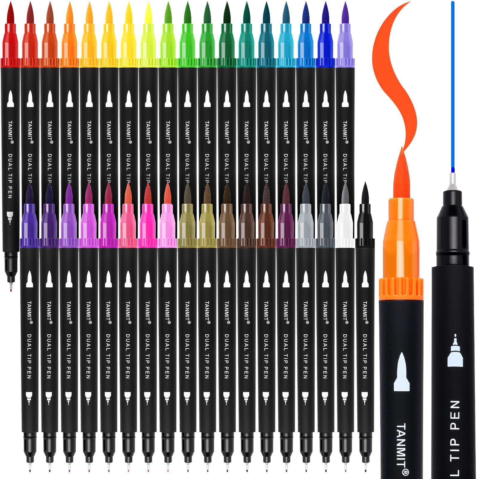 TANMIT 36 Colors Dual Brush Marker Pens for Adult Coloring Books, Fine & Brush Tip Art Markers with Colored Cap, Aesthetic Cute Art Suppliers for Journaling Drawing Craft