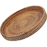 Light Brown Rattan Wicker Basket - 8.66 Inch Round Multi-Function Serving Tray for Coffee Table, Snacks, Fruits, Desserts, Home Decor