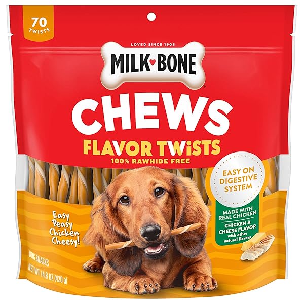 MILK-BONE EASY PEASY CHICKEN CHEESY FLAVOR TWISTS, RAWHIDE FREE DOG CHEWS, BAG OF 70