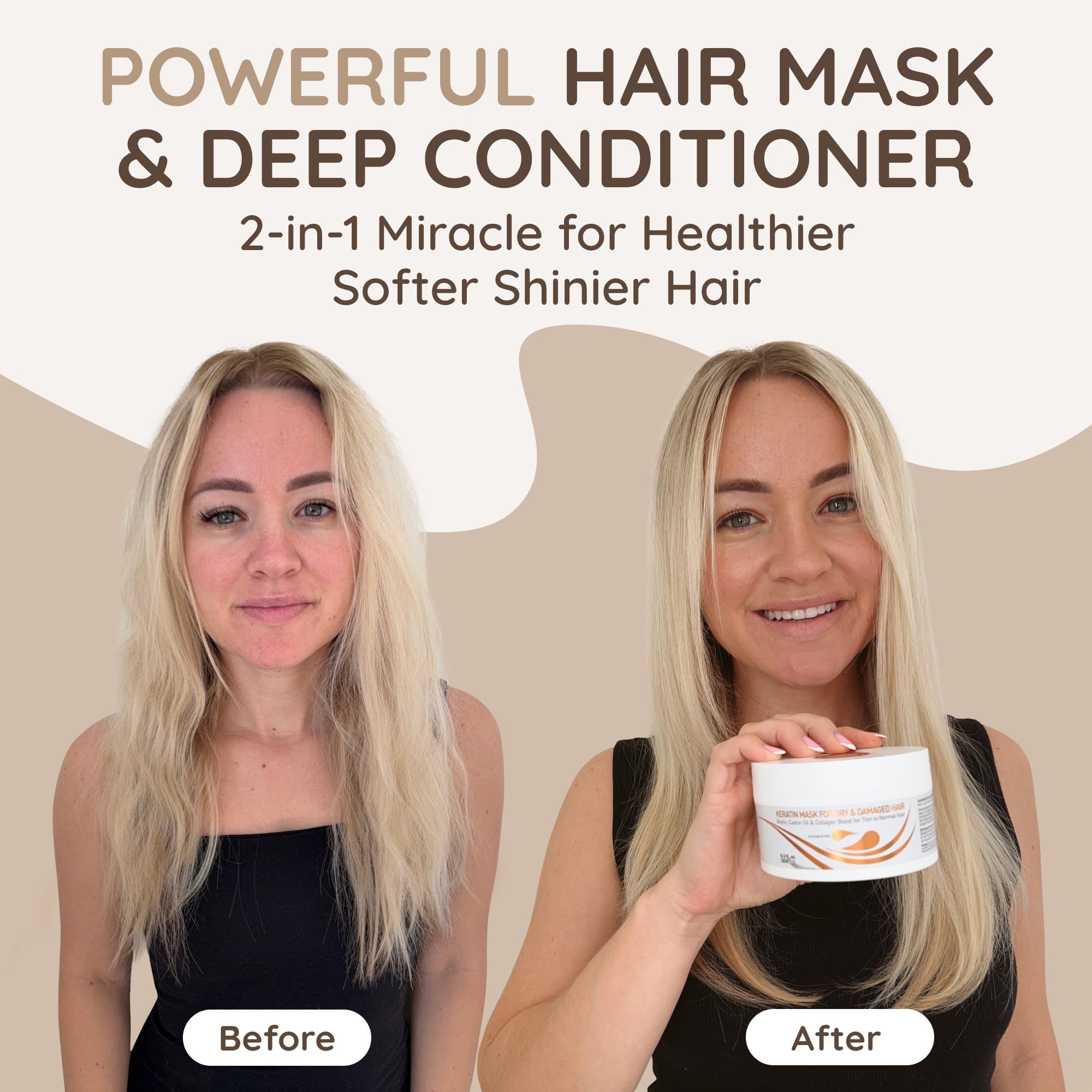 VITAMINS hair cosmetics Keratin Hair Mask - Protein Repair Keratin Treatment - Deep Conditioner for Dry, Damaged, Curly, Straight & Frizzy Hair with Biotin, Collagen & Castor Oil - 8.5 Fl Oz
