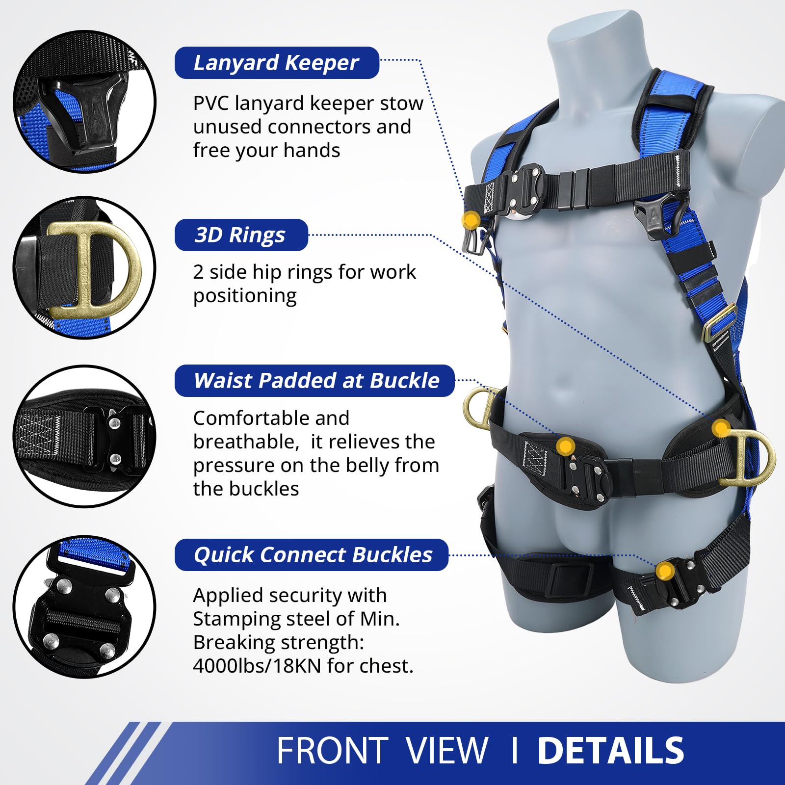 TRSMIMA Safety Harness Fall Protection - Roofing Harness Kit Men Full Body Construction Harness with Lanyard for Work Upgrade 4 Quick Buckles