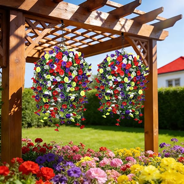 INQCMY ARTIFICIAL FLOWERS FOR OUTDOOR SPRING SUMMER DECORATION FAUX SILK MORNING GLORY FAKE HANGING FLOWERS UV RESISTANT LOOK REAL FOR HOME PORCH (10PCS PURPLE&RED&WHITE&YELLOW+1 BASKE)