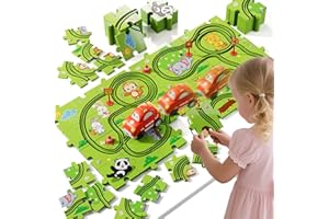 BLmukce 32-Piece Puzzle Race Car Track Set for Toddlers 1-3 | Animal-Themed Tracks, Cars & Road Signs | Puzzle Car Tracks Toddler Toy Gifts for 2 3 4 5 6 Year Old Boys & Girls