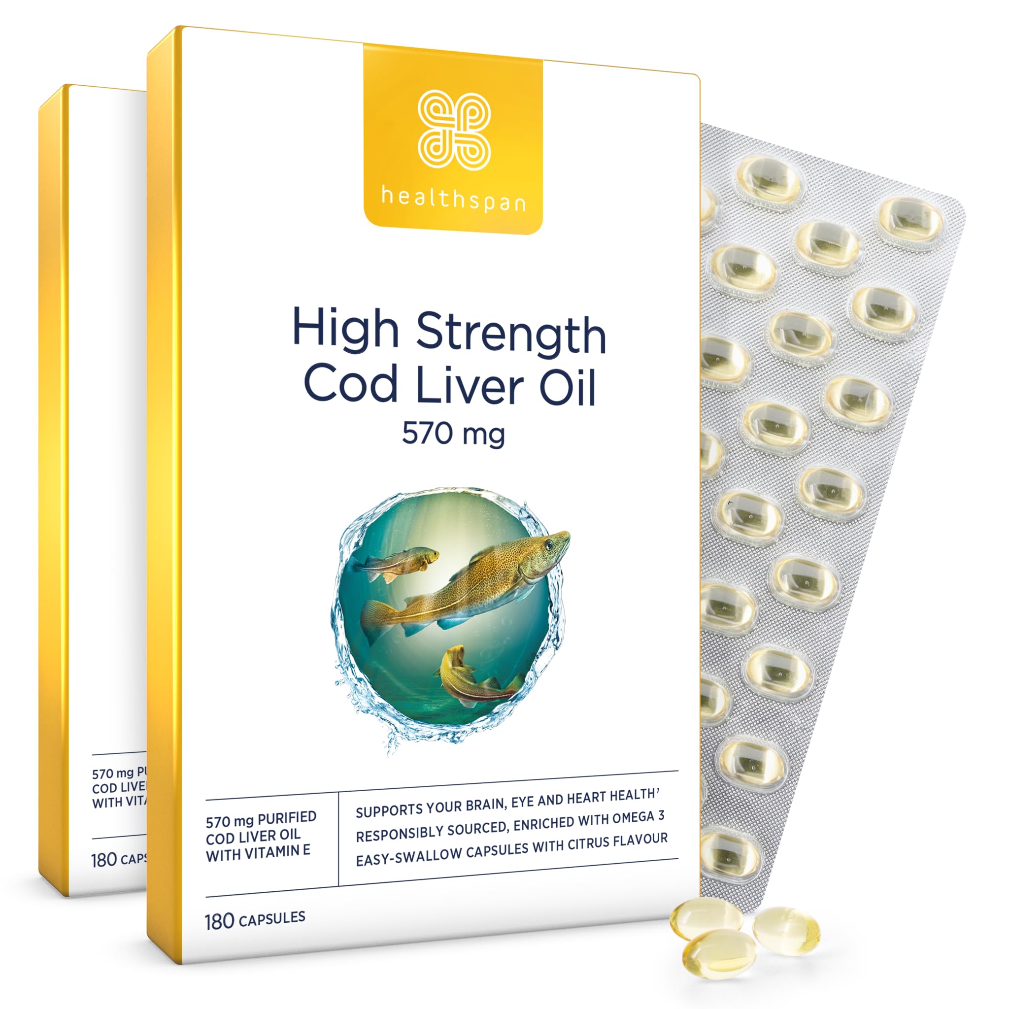 Healthspan Cod Liver Oil 570mg | Support Your Brain, Heart, Eyes & Bones | 150mg Omega 3 Fatty acids per Capsule (360 Capsules)