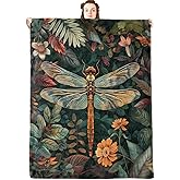 jwyta Dragonfly Botanical Flannel Blanket,Vintage Forest Throw with Insect,Flower and Foliage,Lightweight Fleece Blankets for Nature Lover,Couch,Cabin,Bed,Camping Home Decor Gifts,60x50in