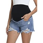 CFRTMTBB Women's Maternity Jean Shorts Ripped Raw Hem Elastic Waist Denim Shorts Pregnancy Summer Short Pants