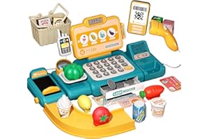 Jovow 36PCS Cash Register Toy Playset,Pretend Play Money Kids Calculator Cash Register with Scanner, Microphone, Credit Card,Weighers, Conveyors,Play Food, Gift for Ages 3+ Boys Girls [ Green]