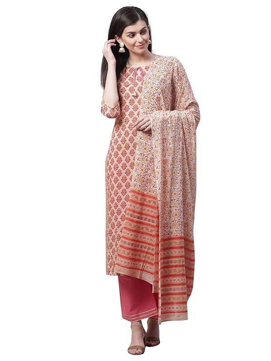 Women's Block Printed Pure Cotton Straight Kurta Palazzo With Dupatta Set(IE13KS0PK1680_Pink)