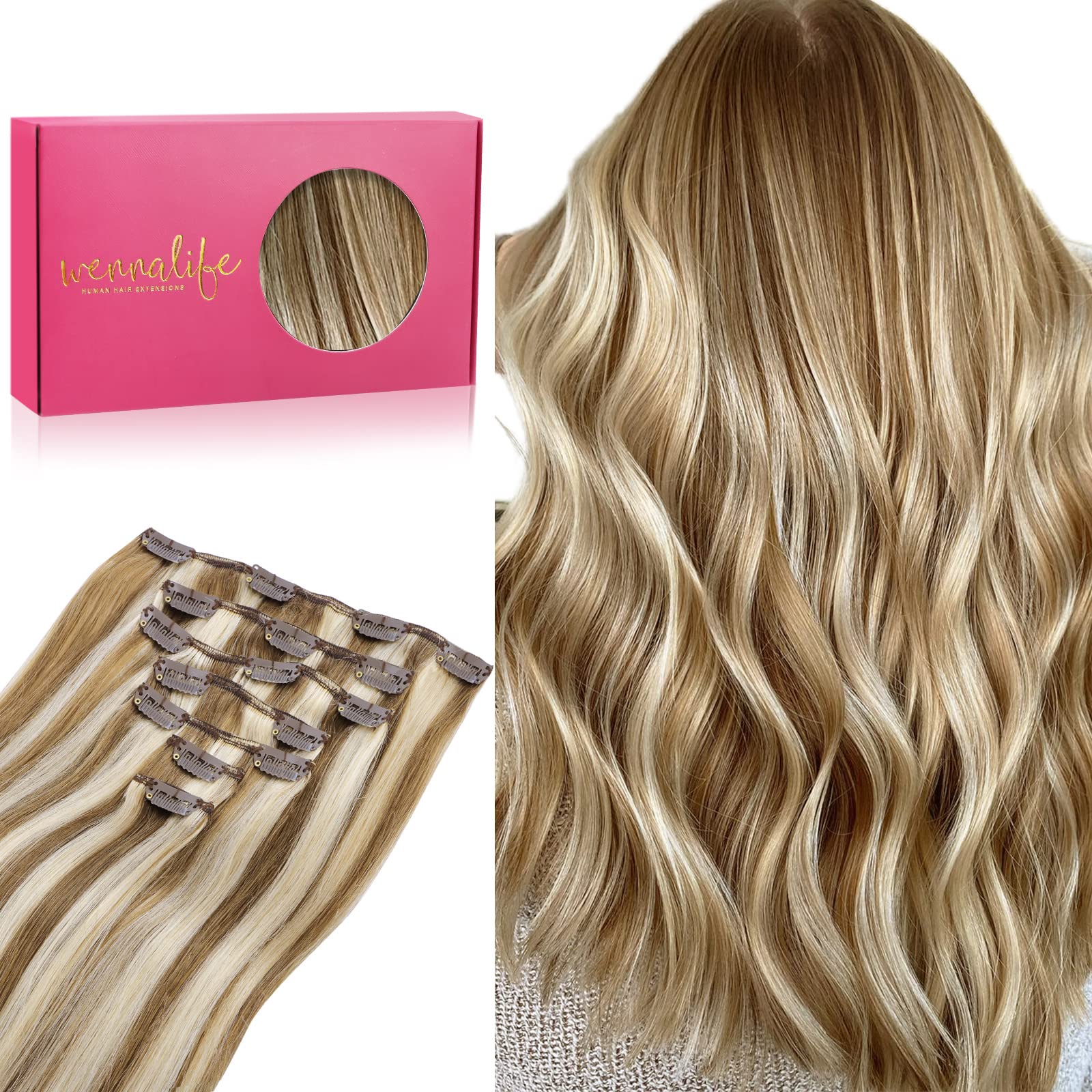 WENNALIFE Hair Extensions Clip In, 22 Inch 120g 7pcs Clip in Hair Extensions Real Human Hair Ash Brown Highlighted Golden Blonde Remy Coloured Human Hair Extensions — image 1