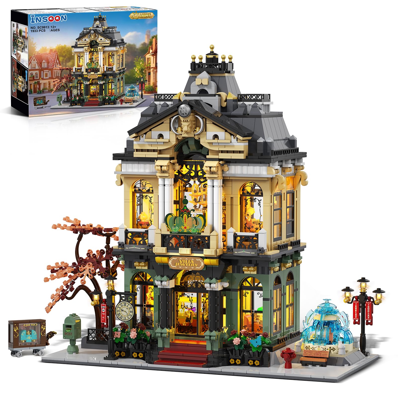 INSOON City Jewelry Store Building Set with Lights & Cart Fountain ...