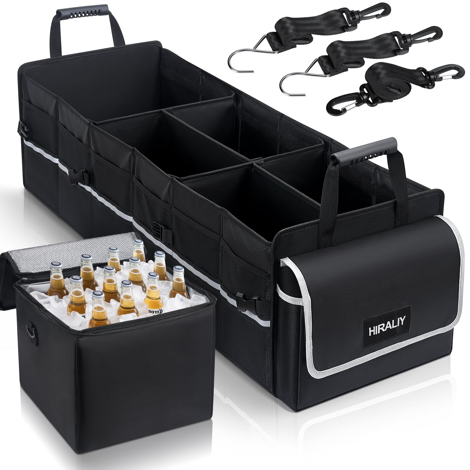 Photo 1 of HIRALIY Car Trunk Storage Organizer, Made of 1680D Oxford and PP board, Removable Partitions, Foldable Trunk Storage Box with Leakproof Cooler Bag for Car Truck SUv