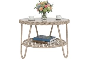 Outsunny Rattan Outdoor Coffee Table, 2-Tier Small Garden Side Table with Storage Shelf, Tempered Glass Top and Adjustable Fo