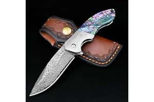 KOMWERO Damascus Pocket Knife, Sharp Damascus Steel Knife with Abalone Shell Handle, EDC Folding Knife for Men Hunting, 60 HRC