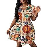 SOLY HUX Women's Summer Floral Shirt Dress Button Down Short Sleeve Ruffle Hem Babydoll Flowy Vacation Short Dresses