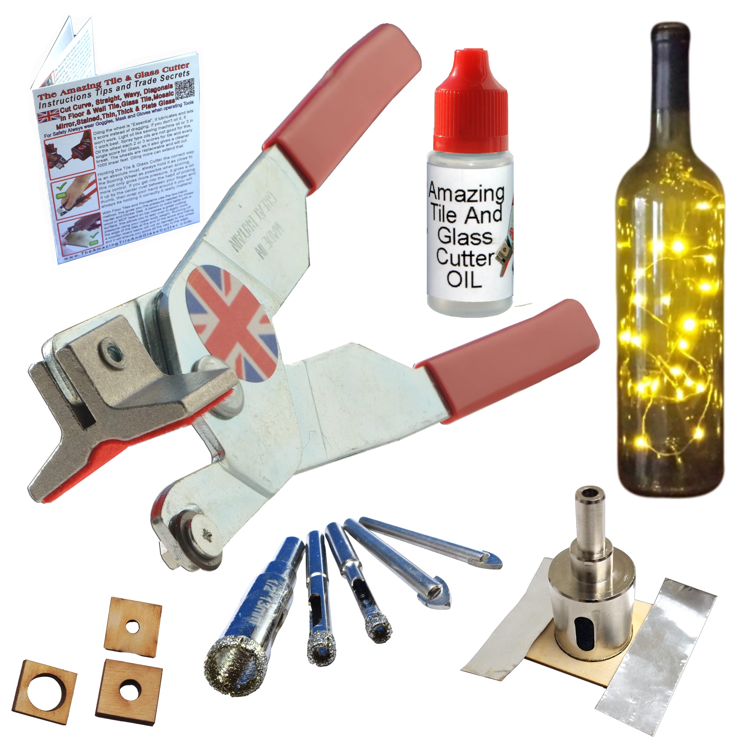 Glass Cutter - Tool Kit for Glass - Hole Saw and Drill Bits for Lights and Bottle – Block Crafts, Make Bird Feeders Fix Broken Window Panes, Picture Frames - Oil - How to Cut Instructions & Qr Videos
