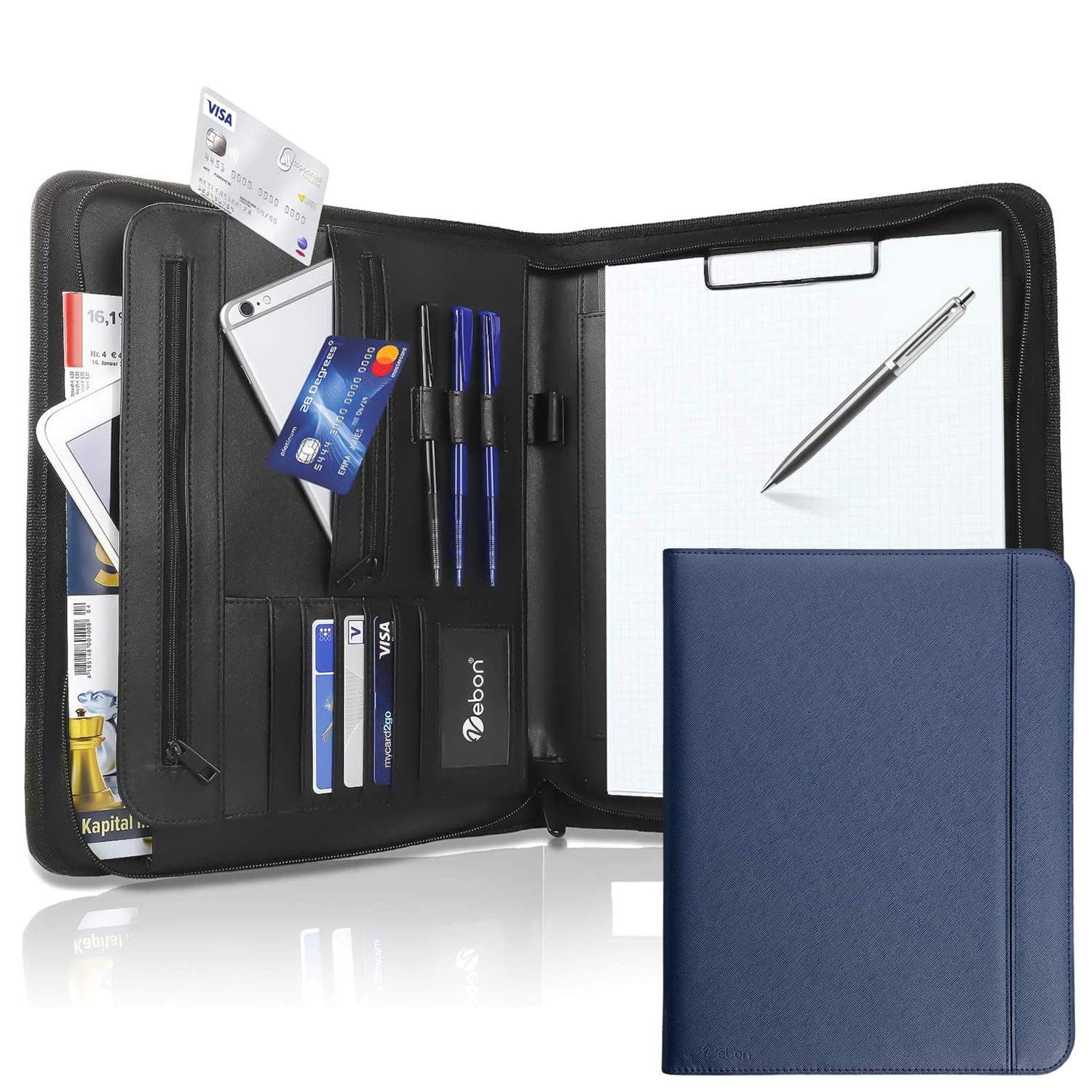 Vebon® New York Writing Case A4 Large I Vegan Leather Zip + Clipboard I Conference Folder + Laptop Bag I Extra Storage Space I Black, sapphire blue