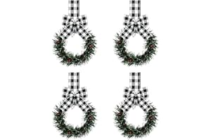 4PCS Mini Christmas Wreath,Christmas Garland for Windows with Ribbon Bows,Artificial Greenery Christmas Wreaths Pendants,Kitc