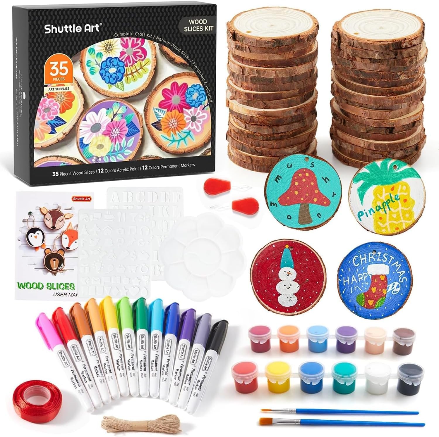 Shuttle Art 69 Pack Natural Wood Slices Kit, 35 PCS 6-7cm Unfinished Wooden Slices with Predrilled Hole, Acrylic Paint, Permanent Markers, Wooden Circles for DIY Crafts, Christmas Decoration Ornaments