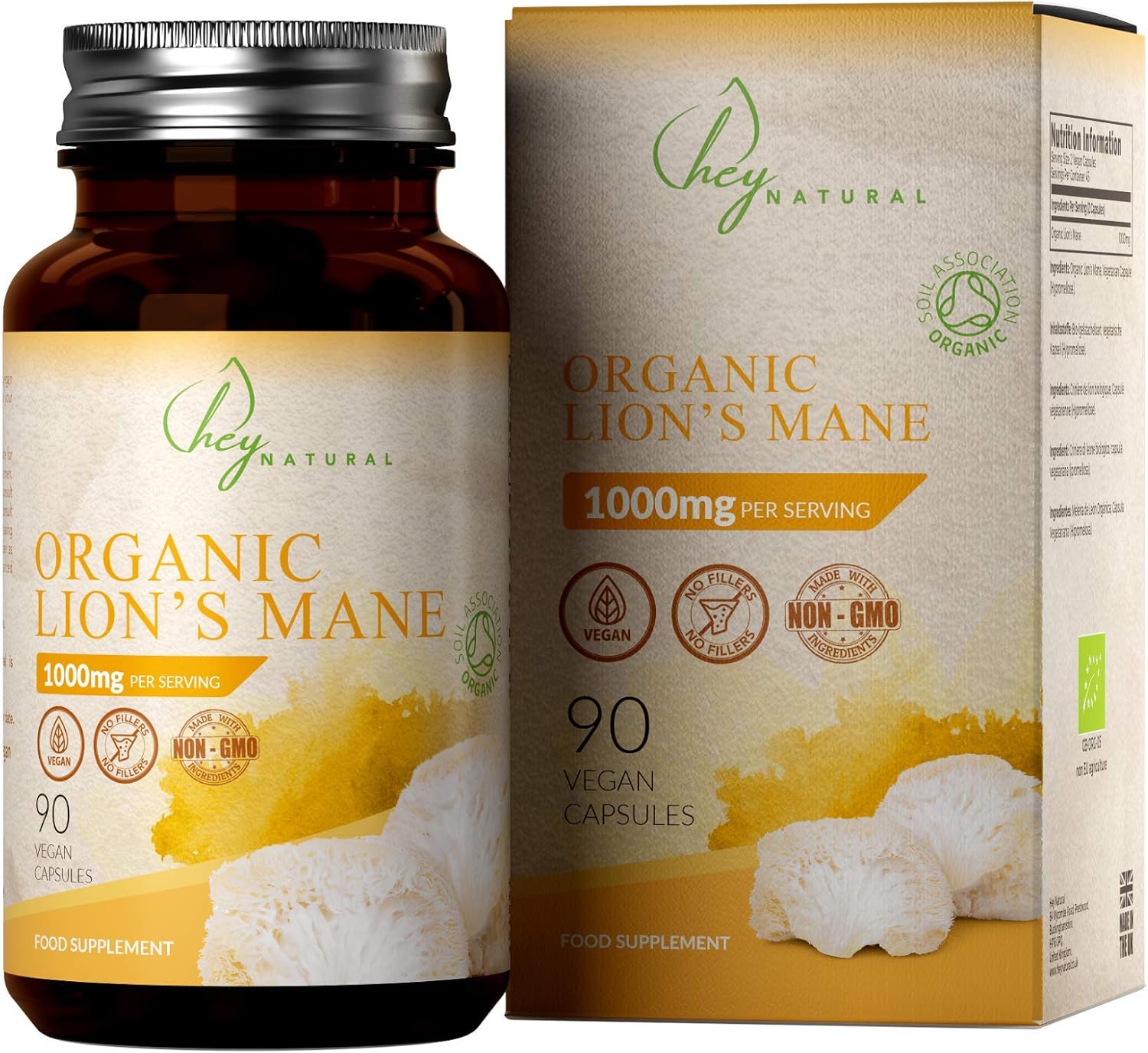 HN Organic Lions Mane Mushroom 1000mg Capsules 90 Lion's Mane Mushrooms Vegan Tablets Soil
