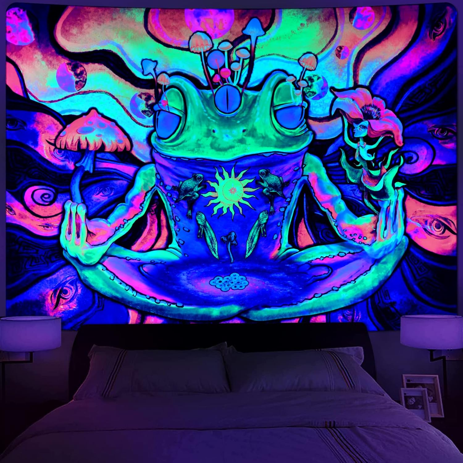 Tapestries - Krelymics Blacklight Frog Tapestry UV Reactive Flower Tapestry Hippie Eyes Tapestries Glow in The Dark, Sun and Moon Tapestry Aesthetic Wall Tapestry for Bedroom(59.1 x 51.2 inches)