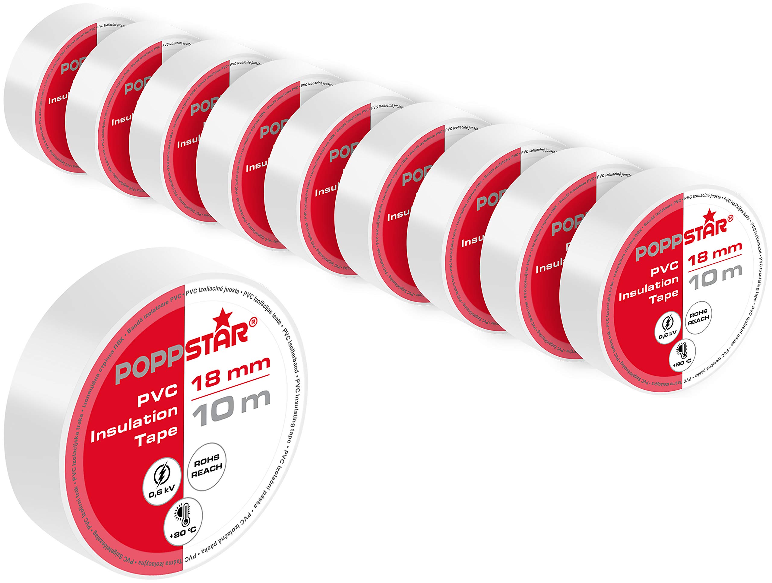 POPPSTAR PVC insulating tape 10m (18mm wide, 0.18mm thick), white, 10 rolls