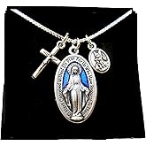BlessingsfromHeaven Dark Blue Enamel Miraculous Medal Necklace, Virgin Mary Miraculous Medal, 18" Sterling Silver Box Chain, Alloy Medals, Virgin Mary Medallion, St. Michael/Guardian Angel Charm