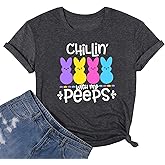 SUEOSU Leopard Easter Bunny Graphic Shirt Chillin' with My Peeps Easter Matching T-Shirt Gift for Easter Day Tee.