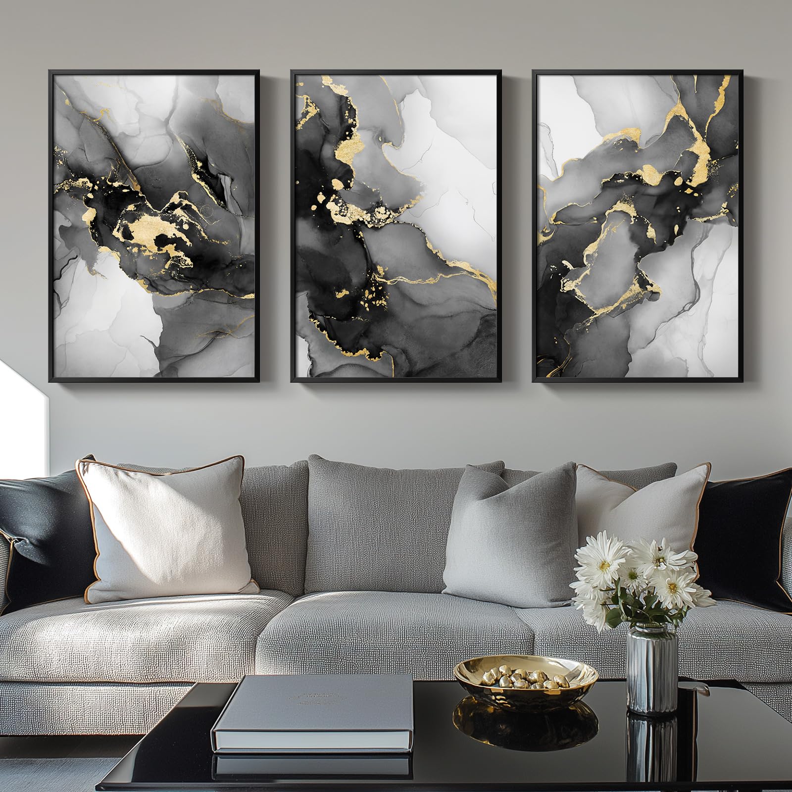 Large Framed Black and White Abstract Wall Art for Living Room, 3 Piece ...