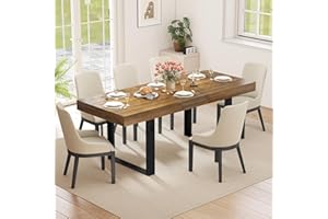 Zevemomo 63"-78.7" Expandable Dining Table, 6-10 Extendable Dining Table, Farmhouse Kitchen Table with Slide Track, Tapered U-Shaped Wood Legs for Dining Room, Living Room-Brown