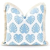 Hofdeco Premium Coastal Hampton Style Patio Indoor Outdoor Pillow Cover Only, 20"x20" Water Resistant for Backyard, Couch, Baby Blue Monstera Leaf Fringe