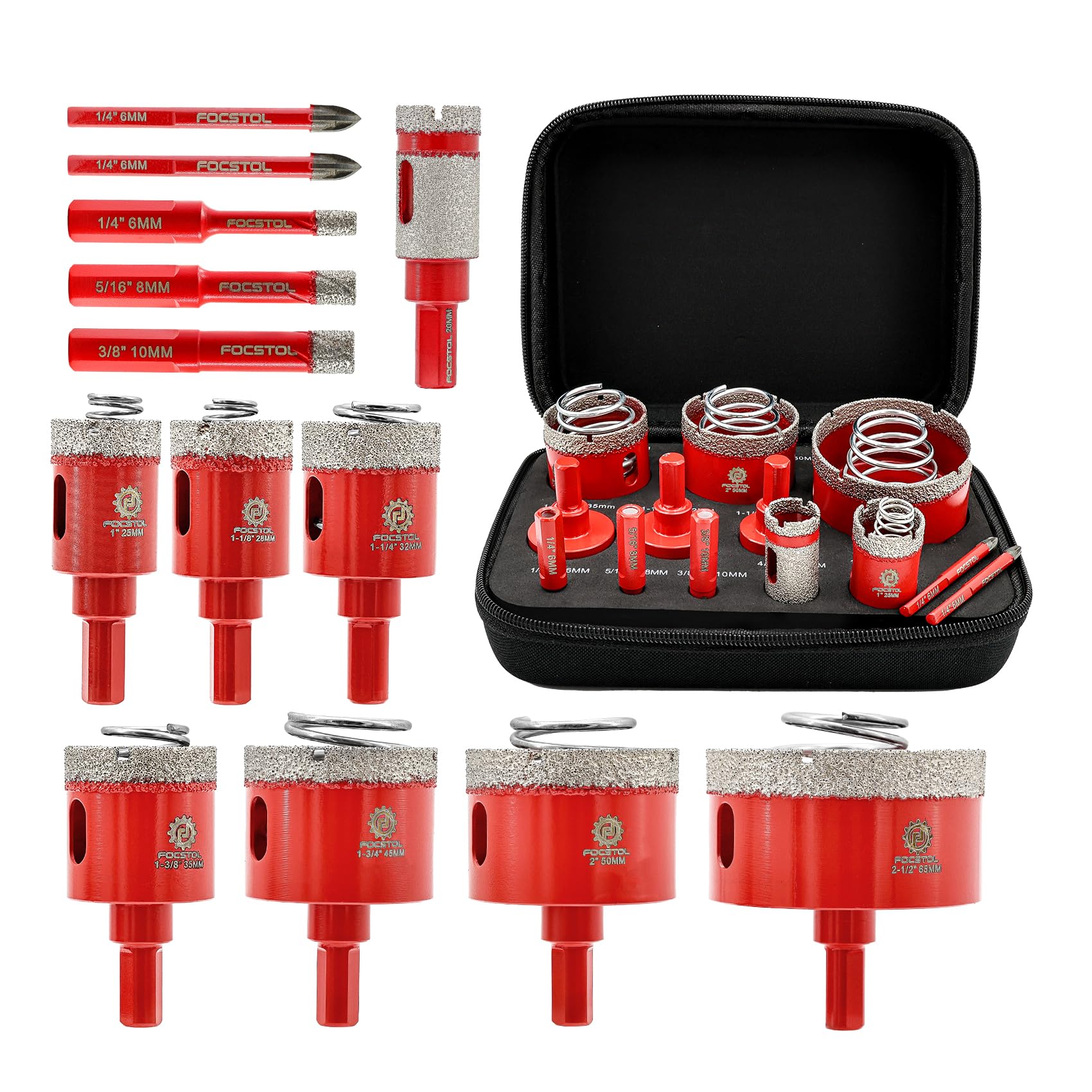 FOCSTOL Tile Hole Cutter Set - Diamond Hole Saw Set for Porcelain Ceramic Tile 13pcs (6/8/10/25/28/32/35/45/50/65mm+20mm Drilling Milling Bit+6/6mm Carbide Drill)