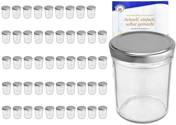 MamboCat 50er Set Sturzgläser 230 ml Hoch Deckelfarbe silber To 66 inkl. Diamant Gelierzauber Rezeptheft, Marmeladengläser, E