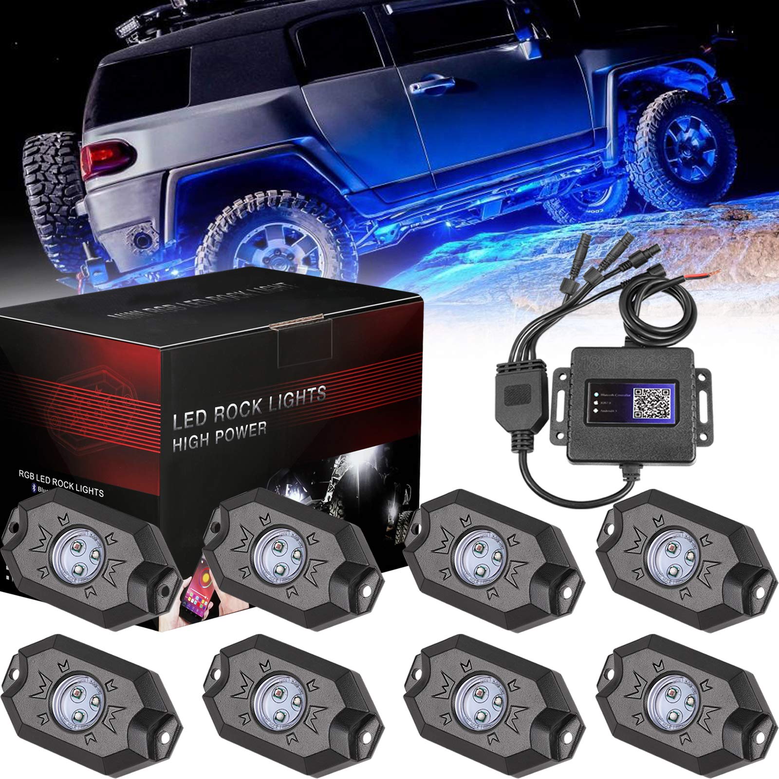 RGB LED Rock Light, Muto-Beam 8 RGB LED Pods Multicolor Neon Rock Light Kit with Bluetooth Remote Control Multi-Modes Underglow Rock Rail Lights for ATV SUV Off-Road Truck Boat Marine