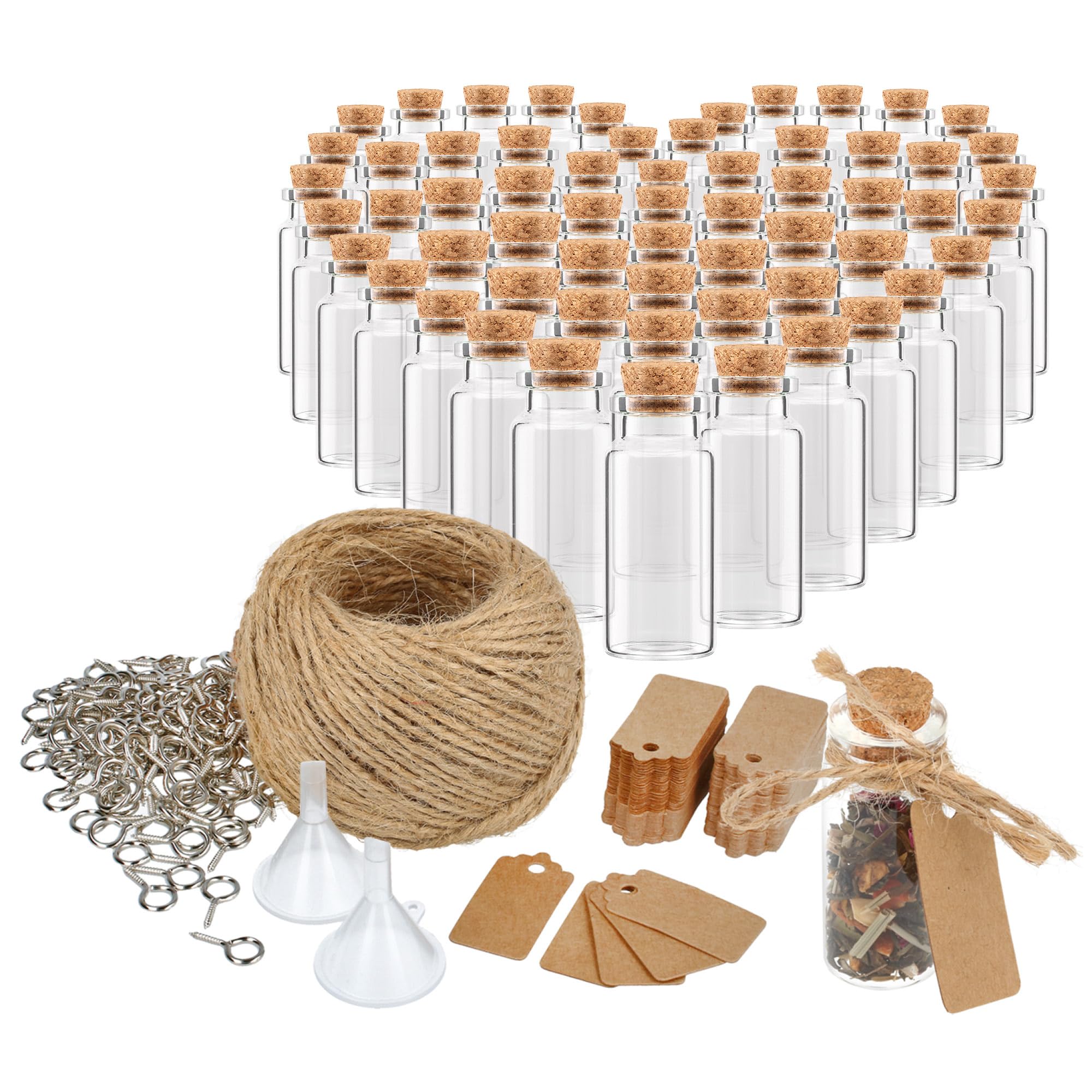 com-four® 60x 10 ml glass bottles, set with accessories for labeling and hanging up, for weddings or birthdays, for tea, spices, salt, seeds, herbs (060 pieces + accessories)