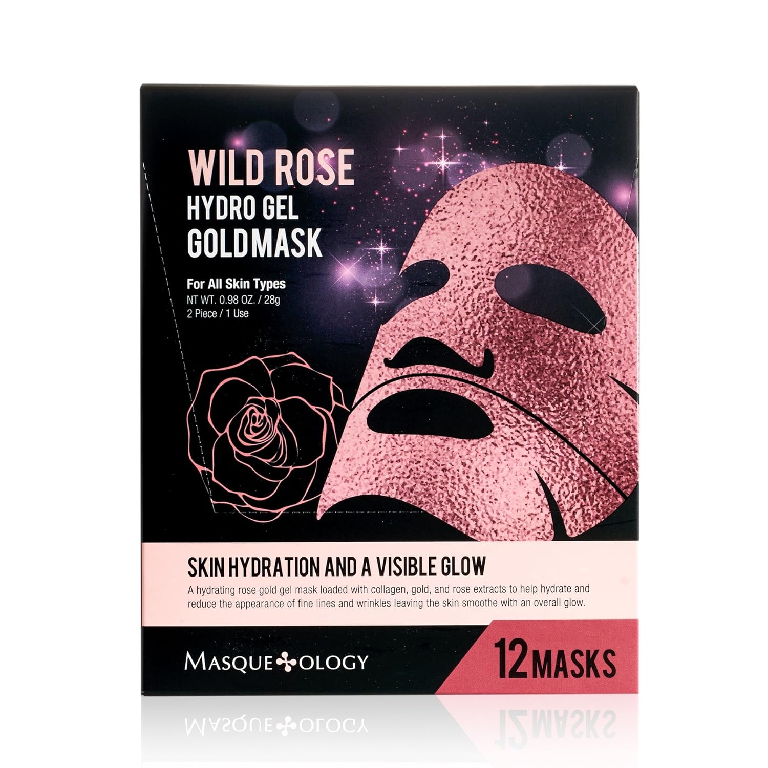 Masqueology - Wild Rose Gold Hydro-Gel Mask | Collagen and Rose Facial Skincare Treatment (12 Pack)
